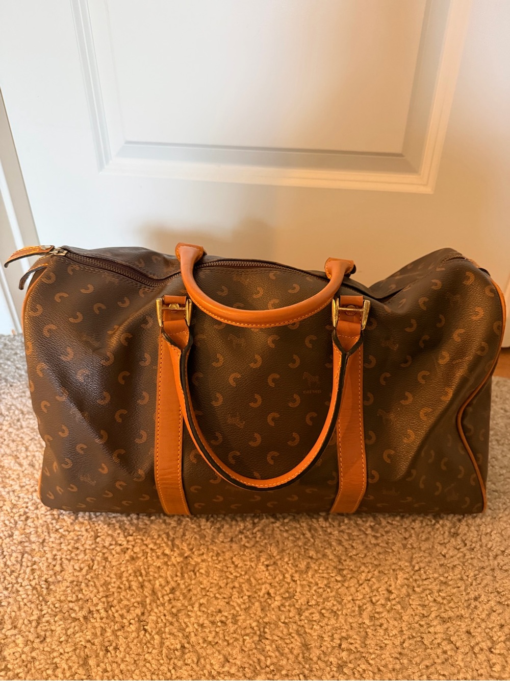 Carven Paris travel Duffel Bag in Brown and Tan - Designer Logo Pattern